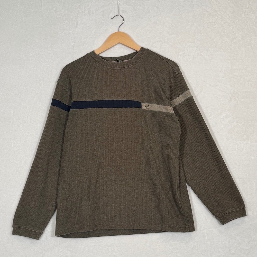 Vintage X8 Extreme Quality Mens Ribbed Thermal Shirt Brown Olive Stripe Size M
